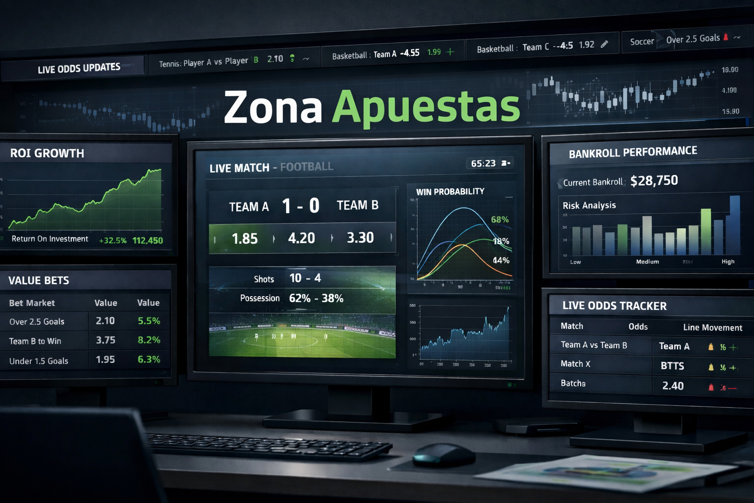 Dashboard de análisis de value betting con estadísticas en tiempo real y gestión profesional de bankroll
